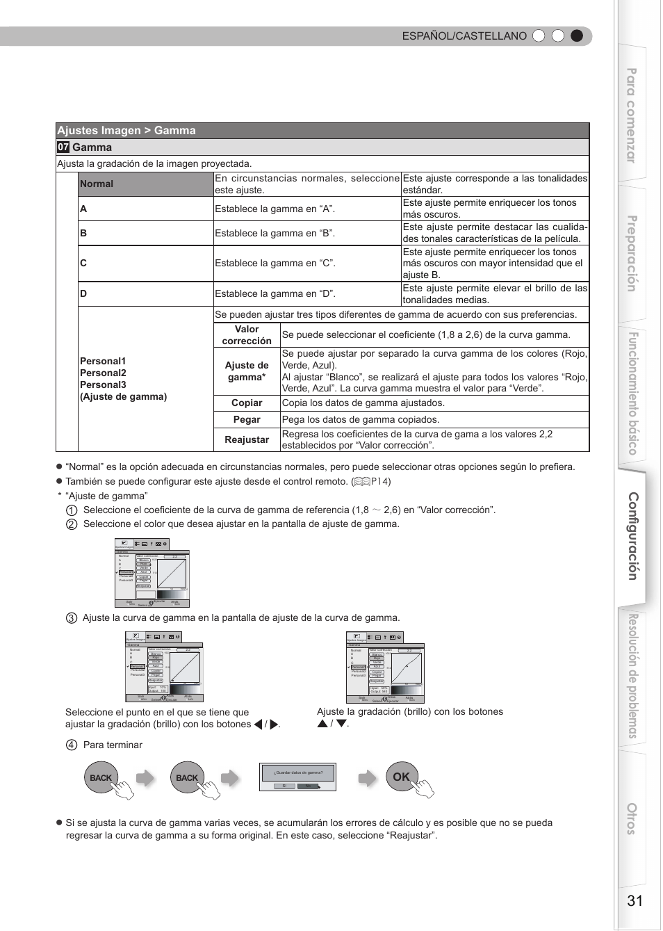 Ajustes imagen > gamma, Español/castellano, Gamma | Anthem LTX 300v User Manual | Page 147 / 174
