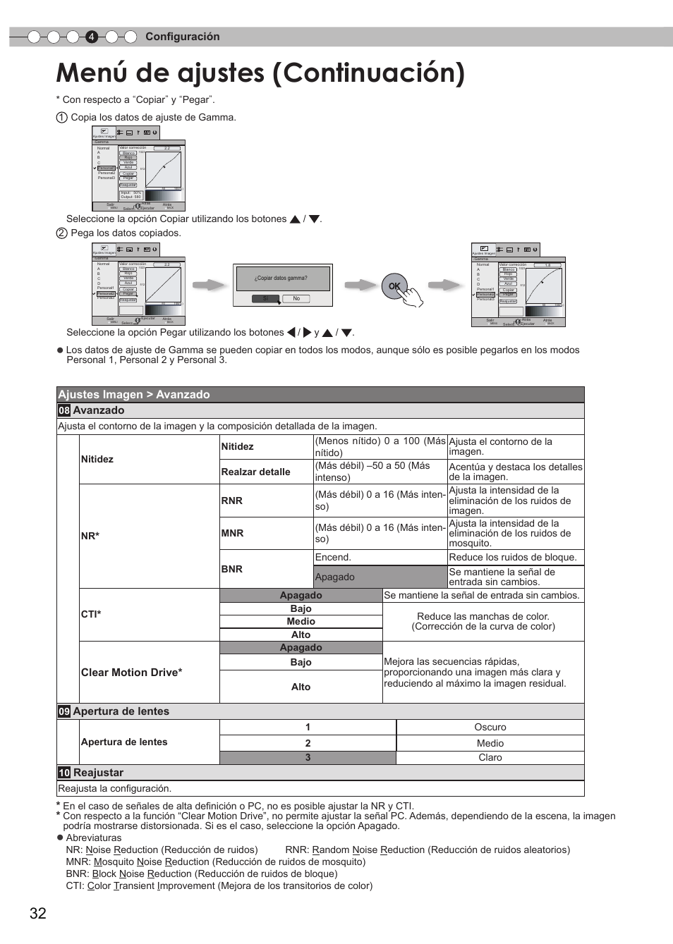 Menú de ajustes (continuación), Ajustes imagen > avanzado, Configuración | Avanzado, Clear motion drive, Apertura de lentes, Reajustar, Reajusta la configuración | Anthem LTX 300v User Manual | Page 148 / 174