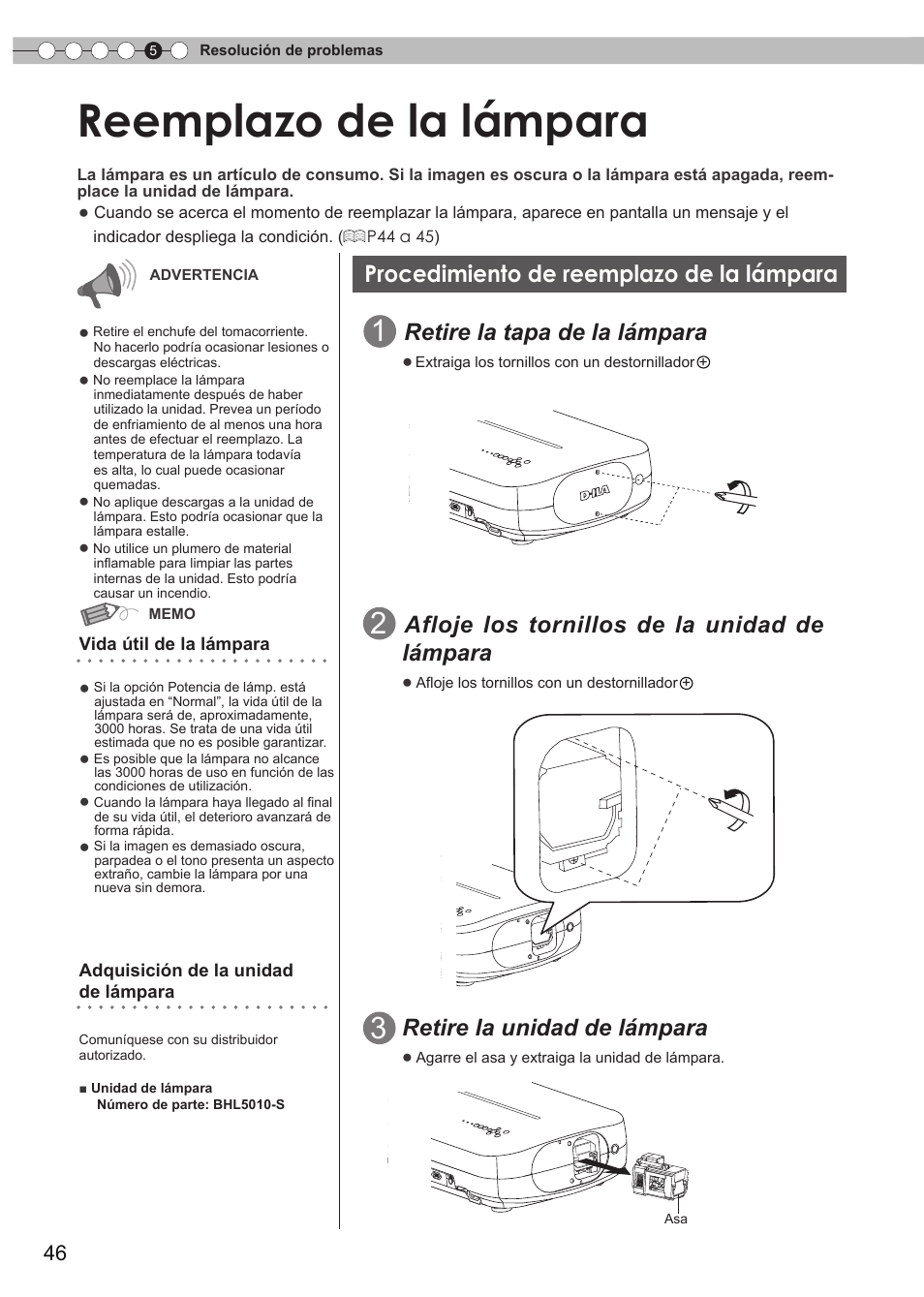 Reemplazo de la lámpara, Procedimiento de reemplazo de la, Lámpara | Apa de la lámpara, P46 a 48, Vida útil, Retire la tapa de la lámpara, Afloje los tornillos de la unidad de, Retire la unidad de lámpara, Procedimiento de reemplazo de la lámpara | Anthem LTX 300v User Manual | Page 162 / 174