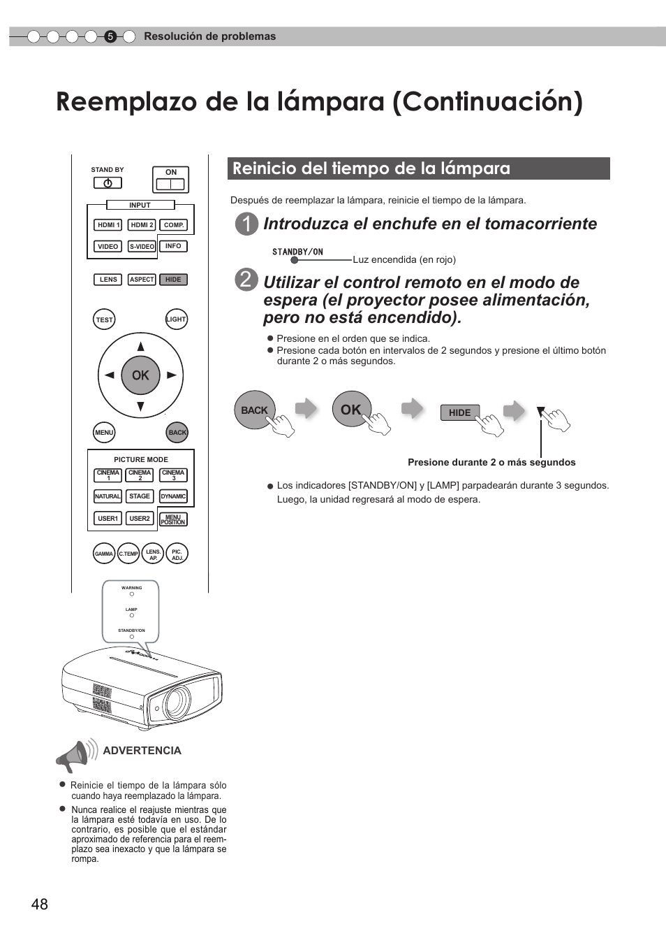 Del tiempo de la lámpara, Reemplazo de la lámpara (continuación), Reinicio del tiempo de la lámpara | Introduzca el enchufe en el tomacorriente | Anthem LTX 300v User Manual | Page 164 / 174