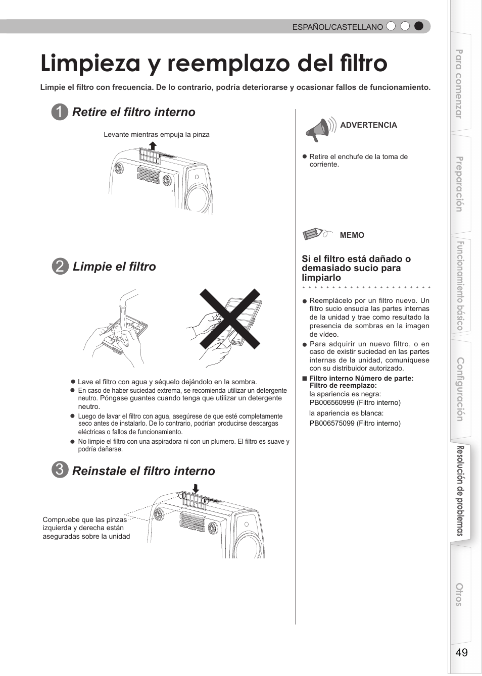 Limpieza y reemplazo del filtro, Filtro, Retire el filtro interno | Reinstale el filtro interno, Limpie el filtro | Anthem LTX 300v User Manual | Page 165 / 174