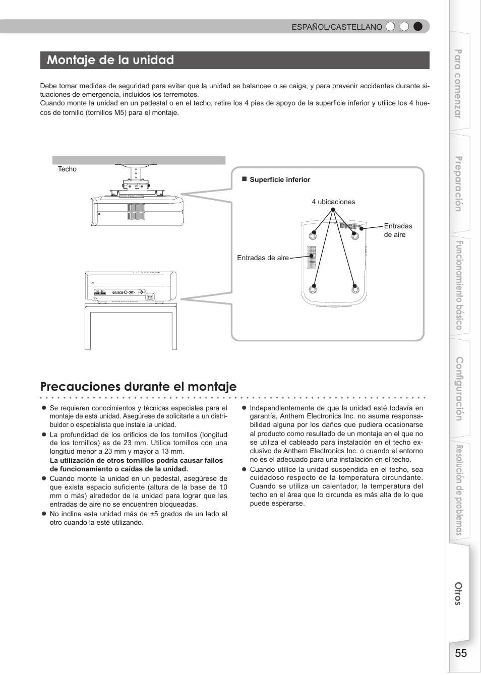 Montaje de la unidad, Precauciones durante el montaje | Anthem LTX 300v User Manual | Page 171 / 174