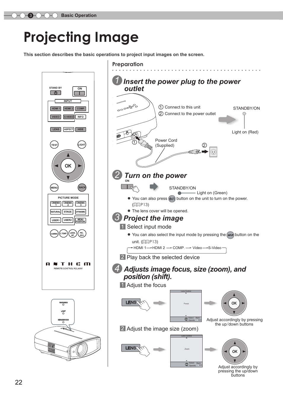 Projecting image, Basic operation, O connect the power cord | O control lens, O select input mode, Insert the power plug to the power outlet, Turn on the power, Project the image, Preparation, 1 select input mode | Anthem LTX 300v User Manual | Page 22 / 174