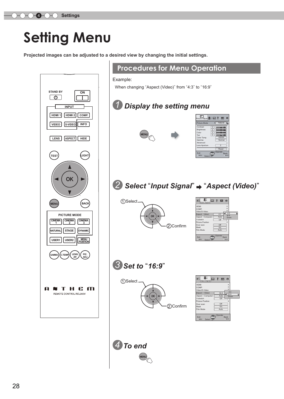 Setting menu, Procedures for menu operation, Display the setting menu | Select “ input signal ” “ aspect (video), Set to “ 16:9, Settings, Example, 1 select 2 confirm 1 select 2 confirm | Anthem LTX 300v User Manual | Page 28 / 174