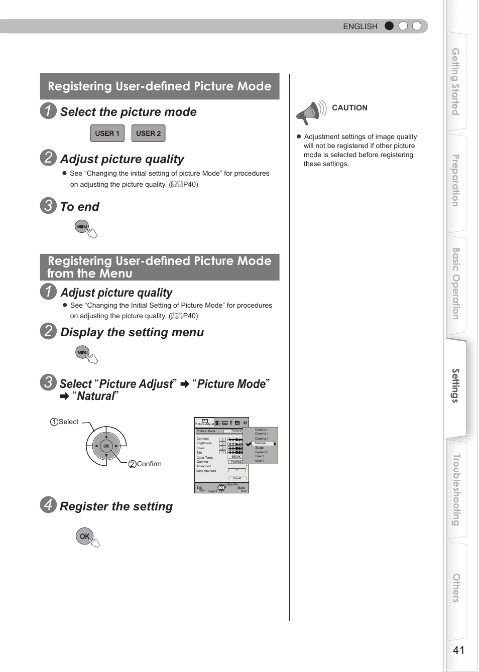 Registering user-defined picture mode, Select the picture mode, Adjust picture quality | Display the setting menu, Register the setting | Anthem LTX 300v User Manual | Page 41 / 174
