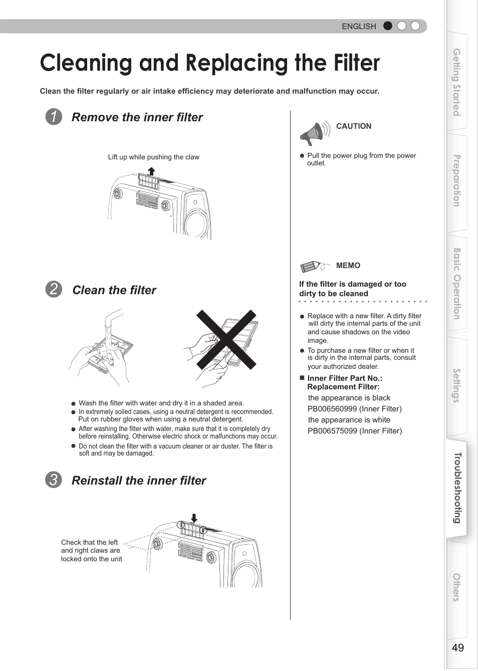 Cleaning and replacing the filter, Filter, Replacing the lamp (continued) | Remove the inner filter, Reinstall the inner filter, Clean the filter | Anthem LTX 300v User Manual | Page 49 / 174
