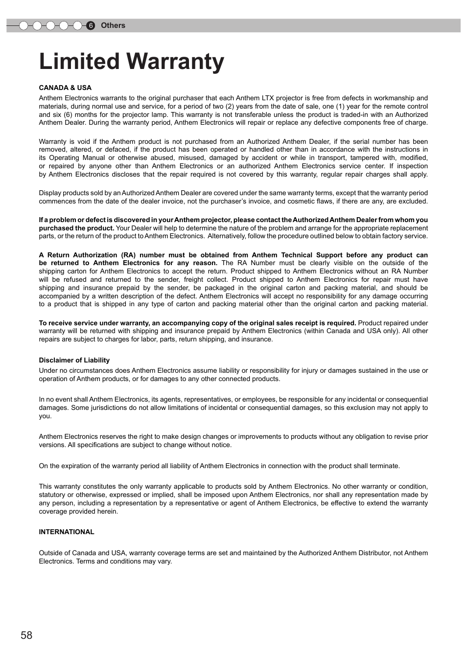 Limited warranty | Anthem LTX 300v User Manual | Page 58 / 174