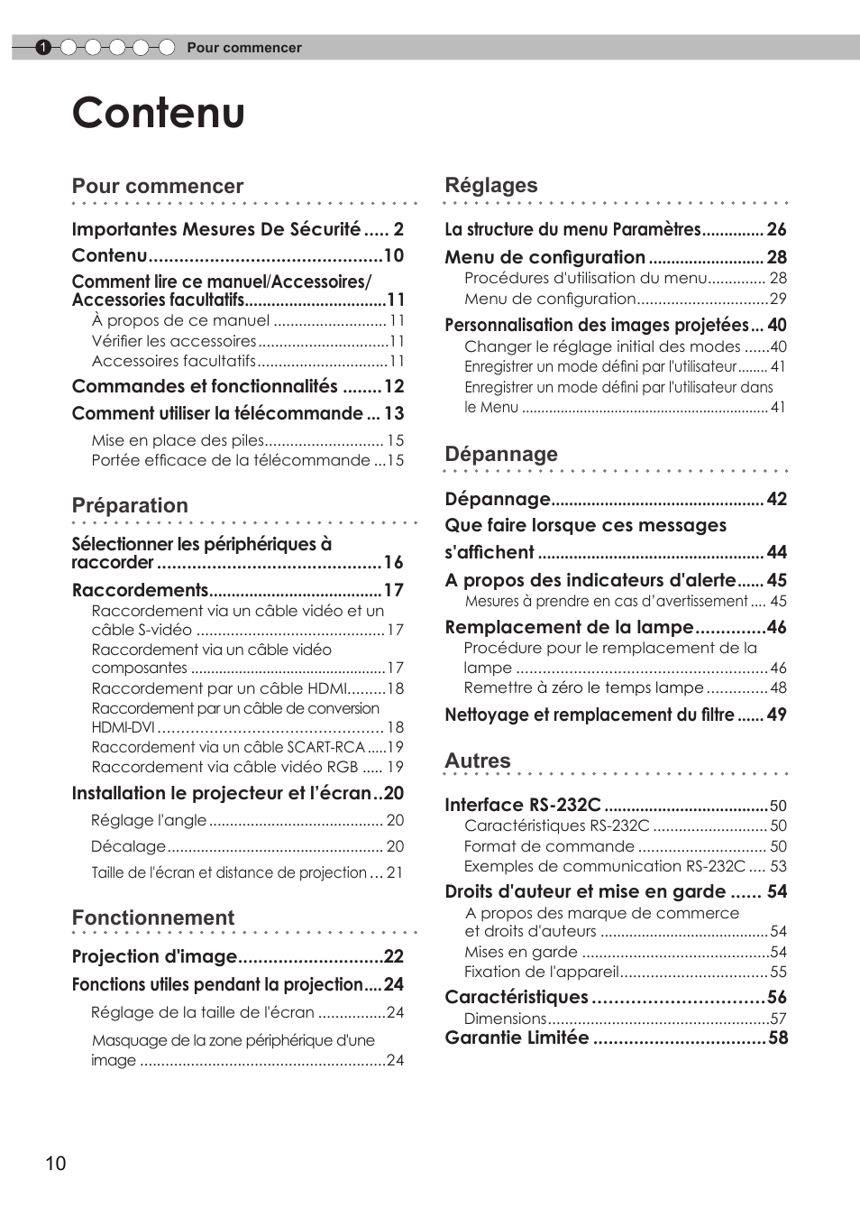 Contenu, Pour commencer, Préparation | Fonctionnement, Réglages, Dépannage, Autres | Anthem LTX 300v User Manual | Page 68 / 174