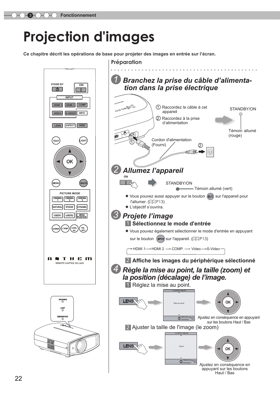 Projection d'images, Fonctionnement, Projection d'image | Pour changer d'entrée, Allumez l’appareil, Projete l’image, 2affiche les images du périphérique sélectionné, 1réglez la mise au point, Préparation, 1sélectionnez le mode d'entrée | Anthem LTX 300v User Manual | Page 80 / 174