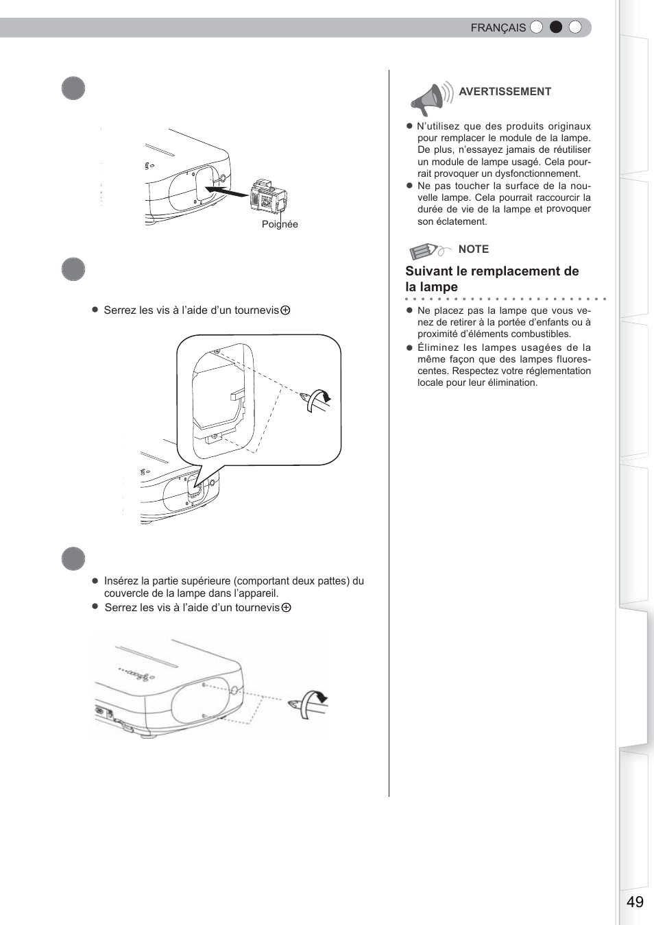 Installez le nouveau module de la lampe, Serrez les vis du nouveau module de lampe, Fixez le couvercle de lampe | Anthem LTX 500 User Manual | Page 109 / 182