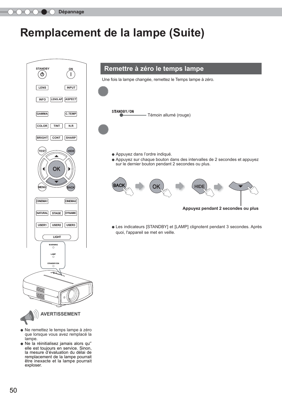 Remplacement de la lampe (suite), Remettre à zéro le temps lampe | Anthem LTX 500 User Manual | Page 110 / 182