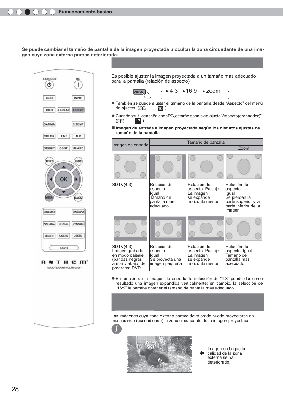 Funciones útiles durante la proyección, Ajuste del tamaño de la pantalla, Proyecte la imagen | 3 16:9 zoom | Anthem LTX 500 User Manual | Page 148 / 182