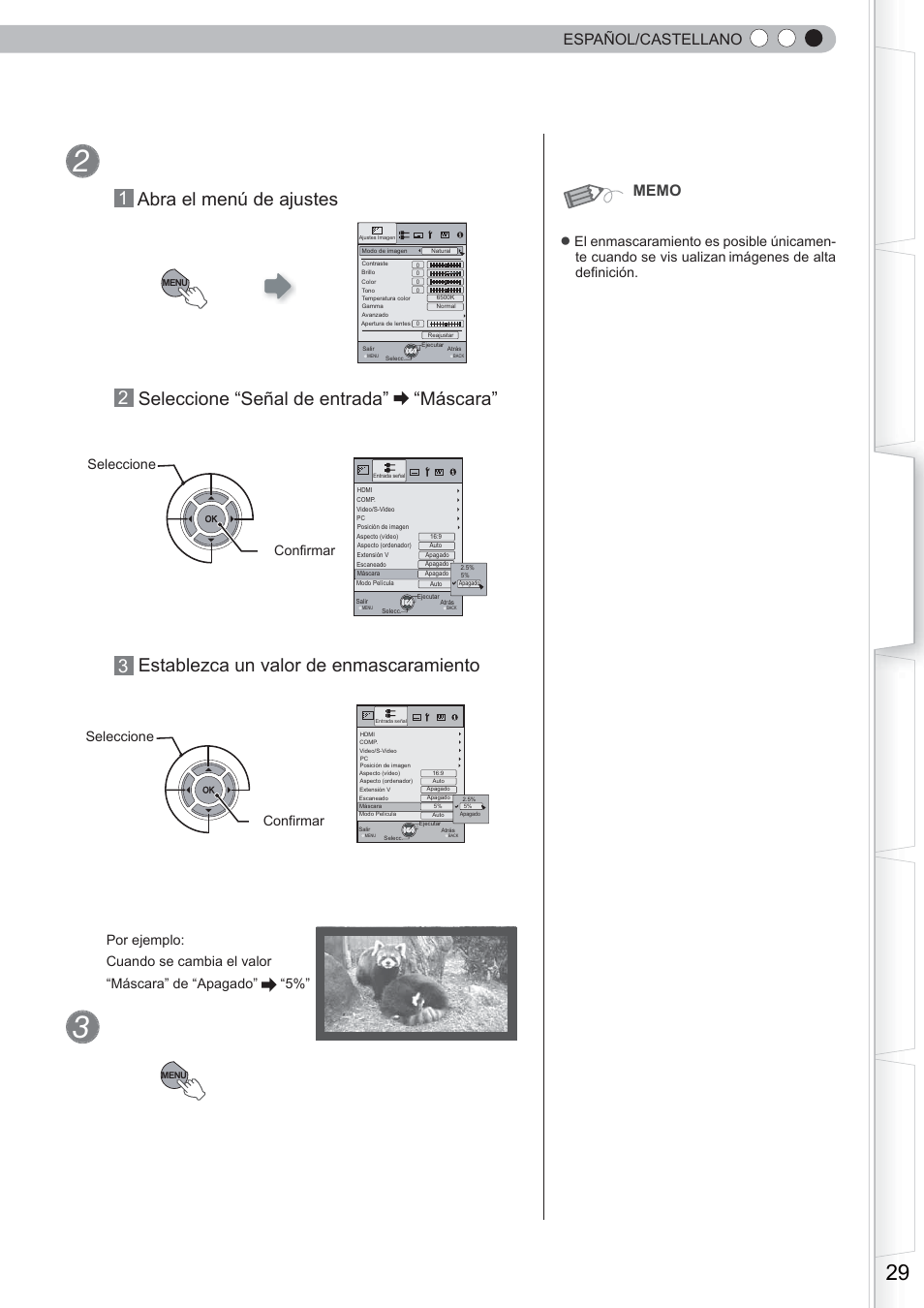 Para terminar, Enmascare la imagen, Máscara | 3establezca un valor de enmascaramiento, Español/castellano, Seleccione ② confirmar ① seleccione ② confirmar | Anthem LTX 500 User Manual | Page 149 / 182