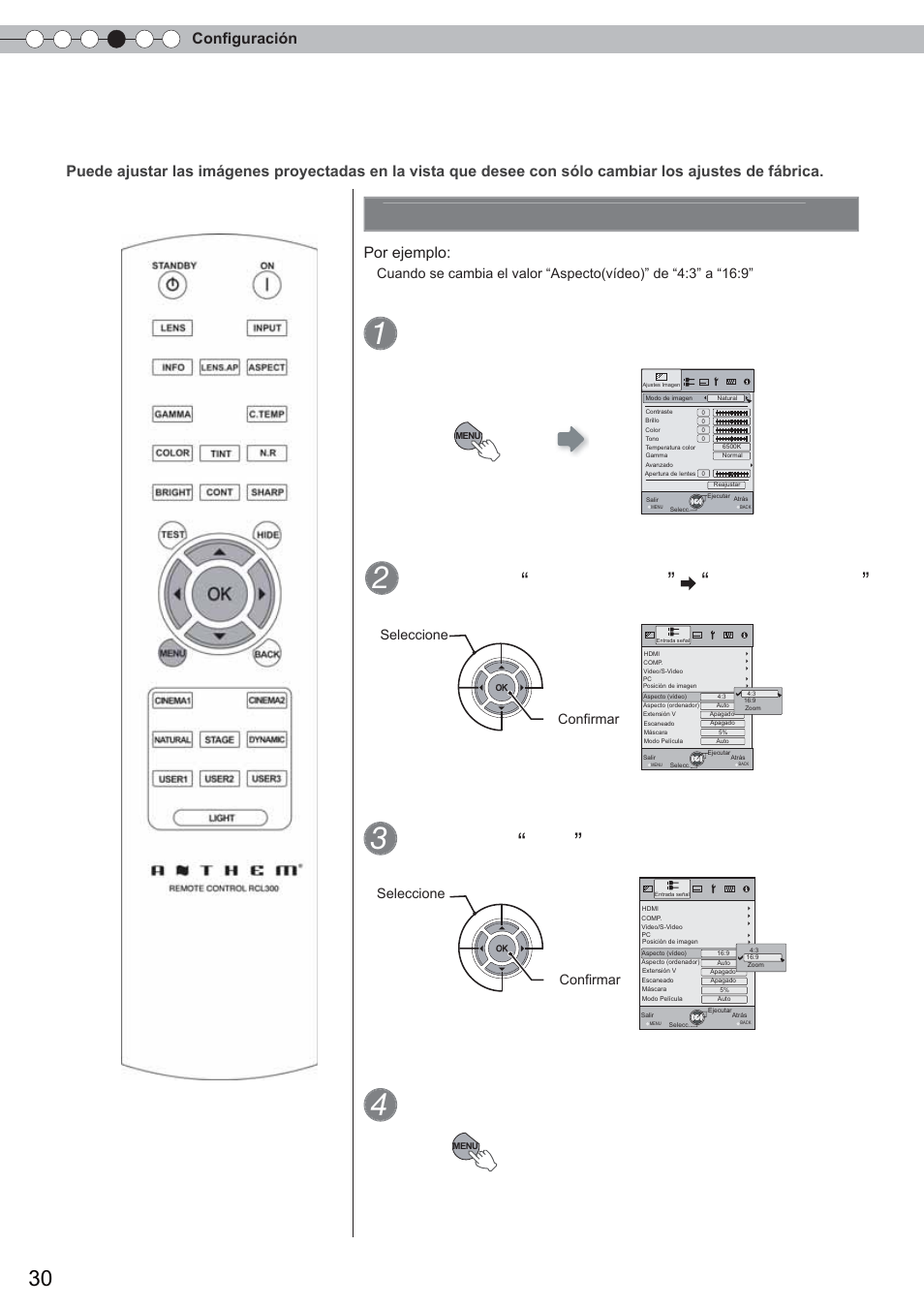 Menú de ajustes, Abra el menú de ajustes, Procedimientos para utilizar el menú | Seleccione, Entrada señal, Aspecto(vídeo), Ajuste en, Para terminar, Confi guración, Por ejemplo | Anthem LTX 500 User Manual | Page 150 / 182