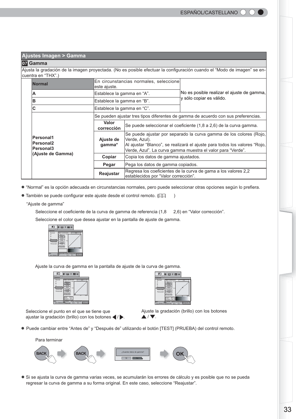Español/castellano ajustes imagen > gamma, Gamma, Para terminar | Anthem LTX 500 User Manual | Page 153 / 182