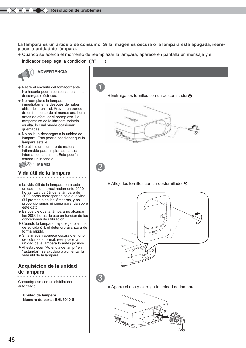 Reemplazo de la lámpara, Retire la tapa de la lámpara, Afloje los tornillos de la unidad de | Lámpara, Retire la unidad de lámpara, Procedimiento de reemplazo de la lámpara | Anthem LTX 500 User Manual | Page 168 / 182