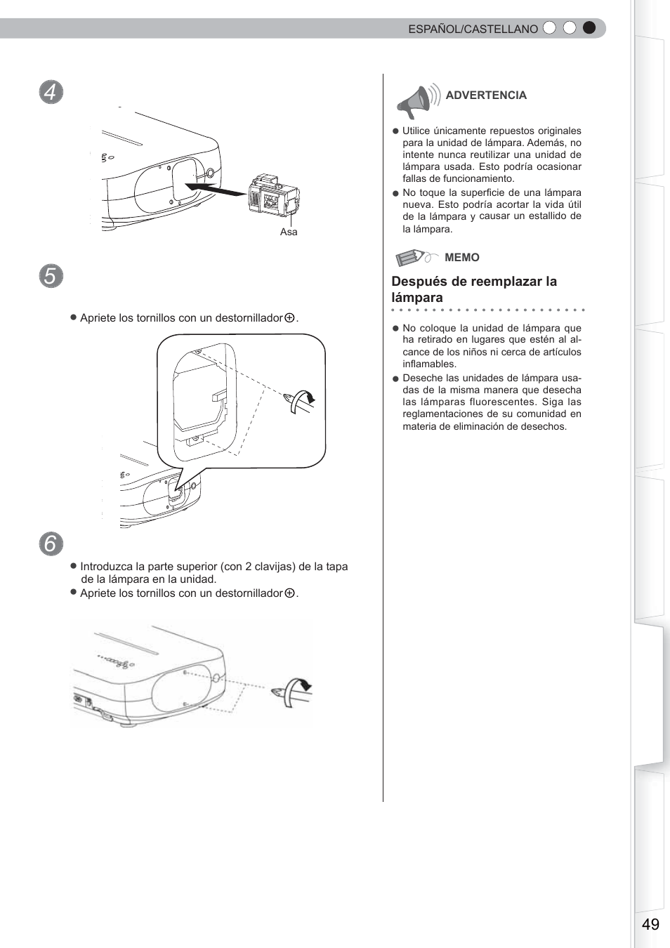 Instale la nueva unidad de lámpara, Ajuste la tapa de la lámpara | Anthem LTX 500 User Manual | Page 169 / 182