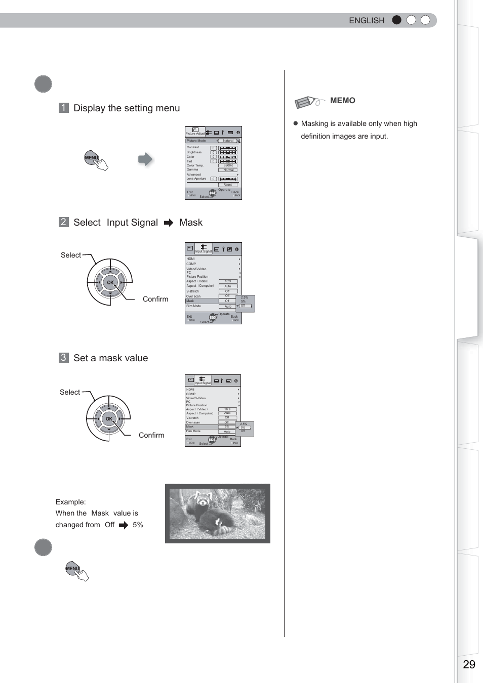 Mask the image, 1 display the setting menu 2 select input signal, Mask | 3 set a mask value, English | Anthem LTX 500 User Manual | Page 29 / 182