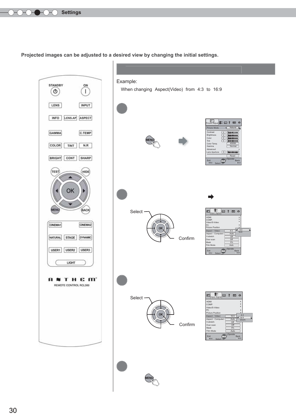 Setting menu, Procedures for menu operation, Display the setting menu | Select input signal aspect(video), Set to 16:9, 4settings, Example, Select ② confirm ① select ② confirm | Anthem LTX 500 User Manual | Page 30 / 182