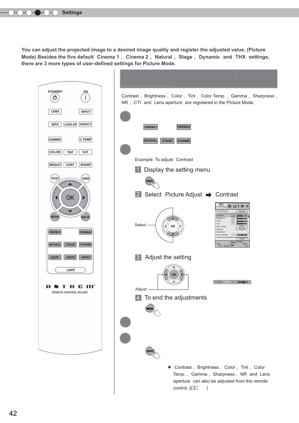 Customizing projected images, Changing the initial setting of picture mode, Select picture mode | Adjust picture quality, Other items can also be adjusted, Adjust the setting | Anthem LTX 500 User Manual | Page 42 / 182