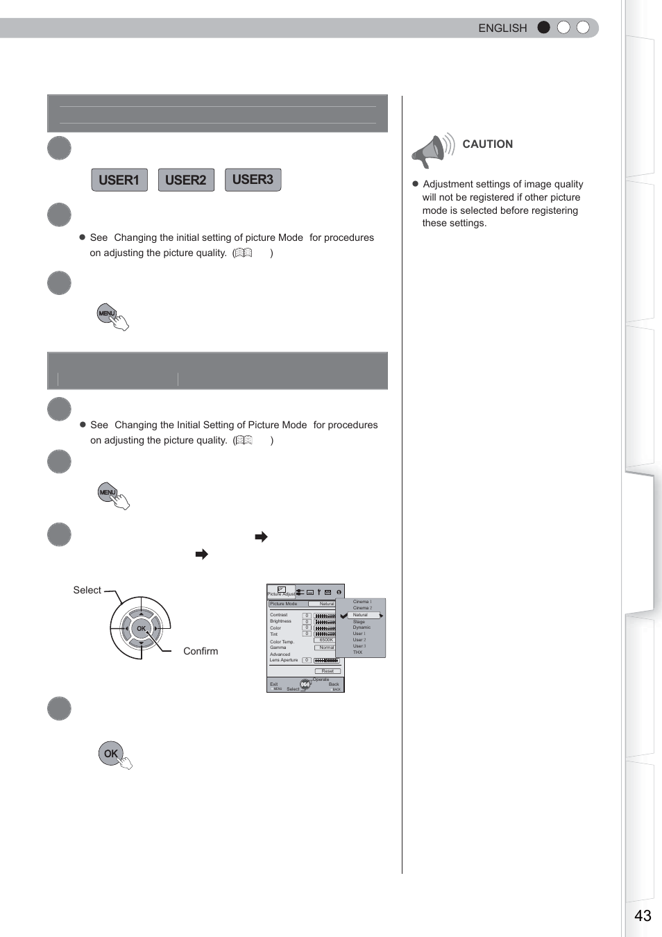 Registering user-defi ned picture mode, Select the picture mode, Adjust picture quality | Display the setting menu, Select picture adjust picture mode, Natural, Register the setting, User2 user1 user3 | Anthem LTX 500 User Manual | Page 43 / 182