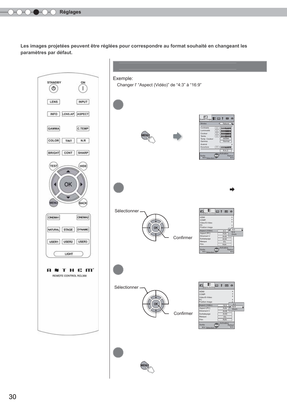 Menu de confi guration, Procédures d’utilisation du menu, Affi chez le menu de confi guration | Choisissez “signal d'entrée” “aspect (vidéo), Régler sur “16:9, Pour terminer, 4réglages, Exemple | Anthem LTX 500 User Manual | Page 90 / 182