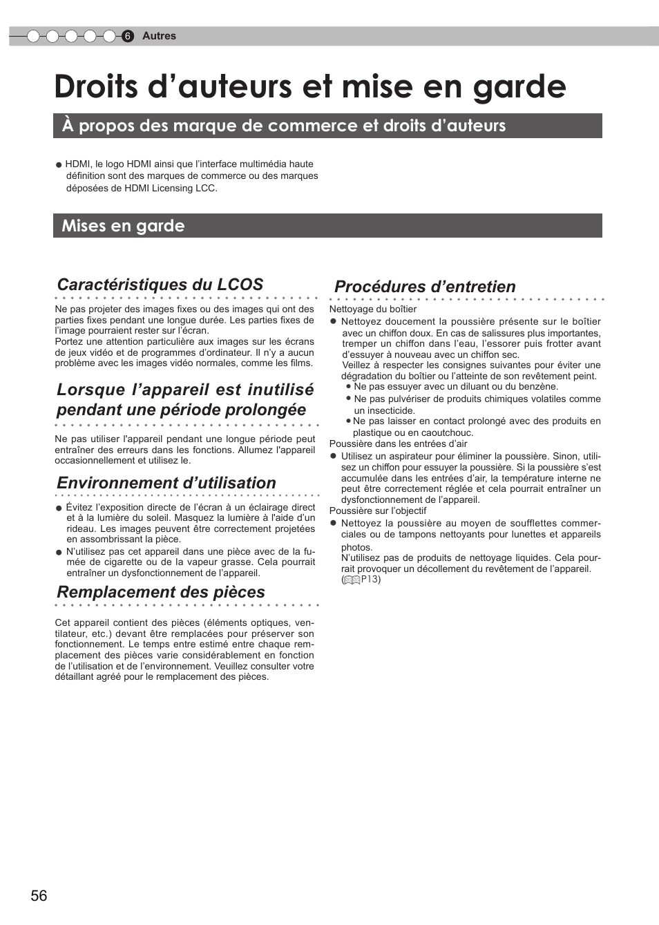 Droits d'auteur et mise en garde, A propos des marque de commerce, Et droits d'auteurs | Mises en garde, Droits d’auteurs et mise en garde | Anthem LTX 500v User Manual | Page 118 / 187