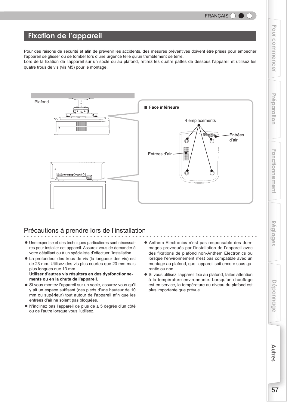 Fixation de l'appareil, Fixation de l’appareil, Précautions à prendre lors de l’installation | Anthem LTX 500v User Manual | Page 119 / 187