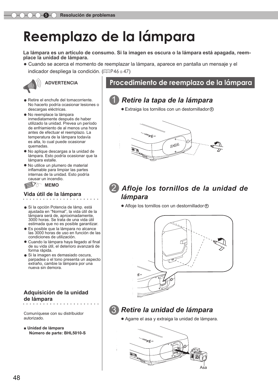 Reemplazo de la lámpara, Procedimiento de reemplazo de la, Lámpara | Apa de la lámpara, P48 a 50, Vida útil, Retire la tapa de la lámpara, Afloje los tornillos de la unidad de, Retire la unidad de lámpara, Procedimiento de reemplazo de la lámpara | Anthem LTX 500v User Manual | Page 172 / 187