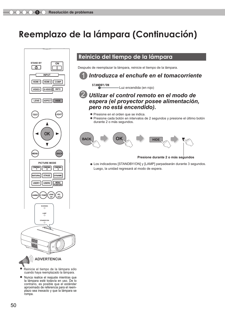 Reinicio del tiempo de la lámpara, Reemplazo de la lámpara (continuación), Introduzca el enchufe en el tomacorriente | Anthem LTX 500v User Manual | Page 174 / 187