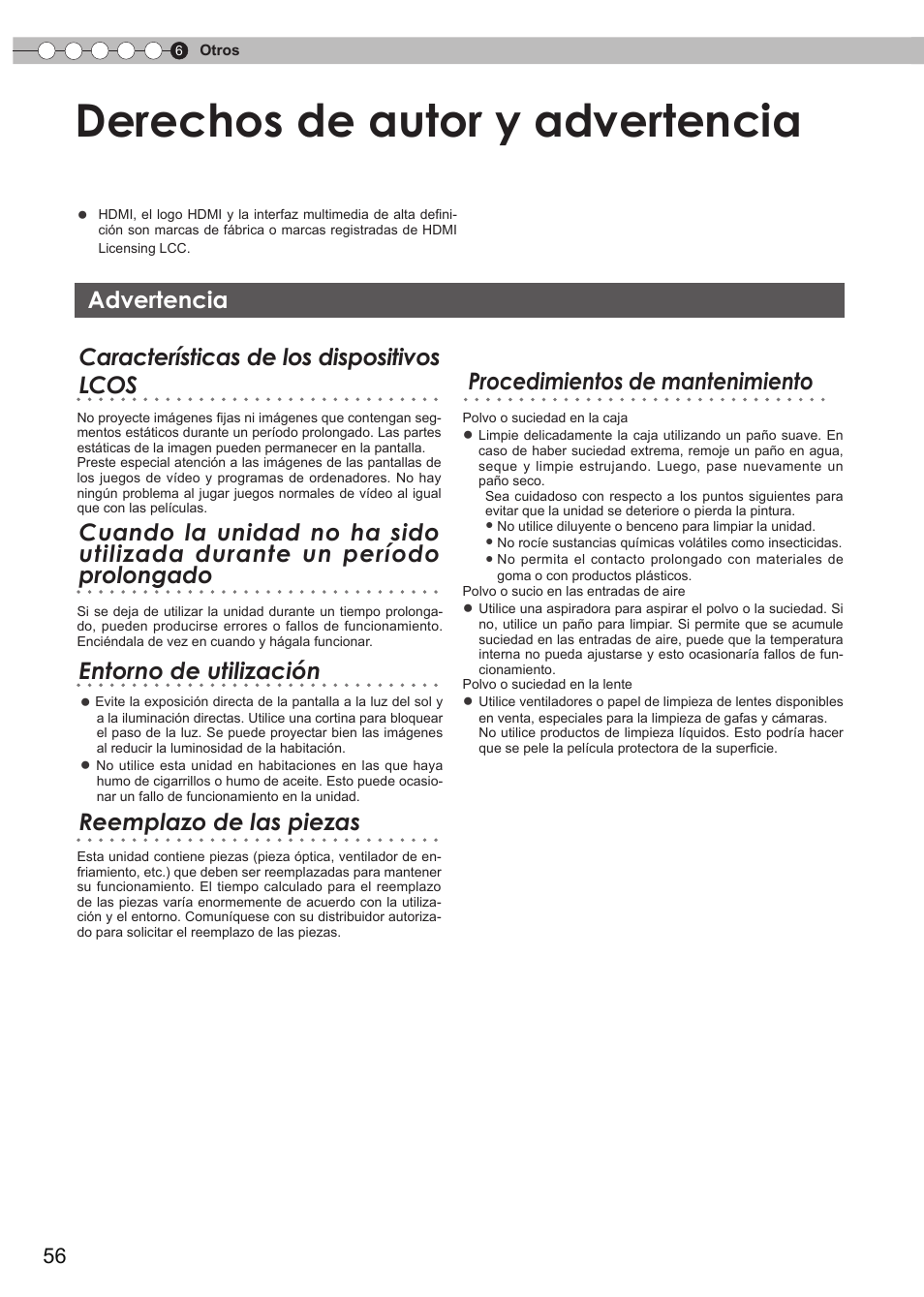 Derechos de autor y advertencia, Acerca de las marcas de fábrica y del, Derecho de autor | Advertencia, Durante el uso normal | Anthem LTX 500v User Manual | Page 180 / 187