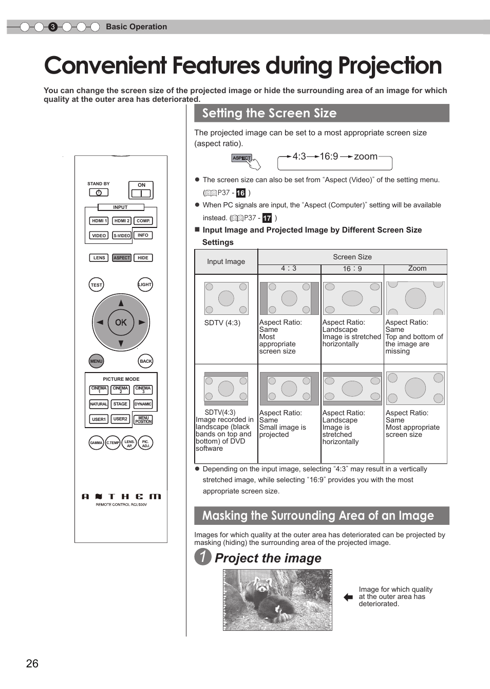 Convenient features during projection, Setting the screen size, Masking the surrounding area of an image | O set the screen size, Project the image, 3 16:9 zoom | Anthem LTX 500v User Manual | Page 26 / 187