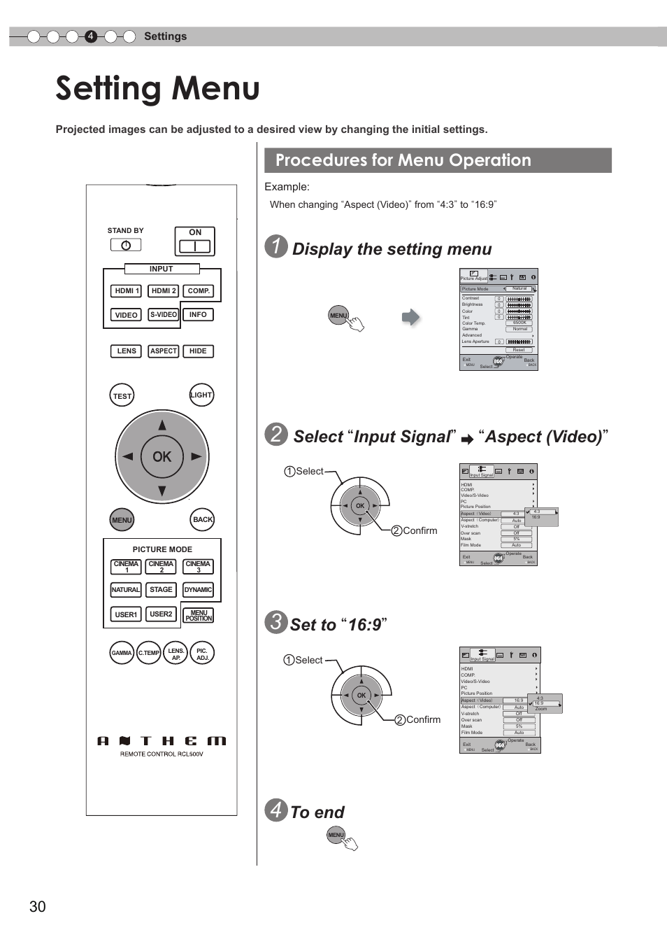 Setting menu, Procedures for menu operation, Display the setting menu | Select “ input signal ” “ aspect (video), Set to “ 16:9, Settings, Example, 1 select 2 confirm 1 select 2 confirm | Anthem LTX 500v User Manual | Page 30 / 187