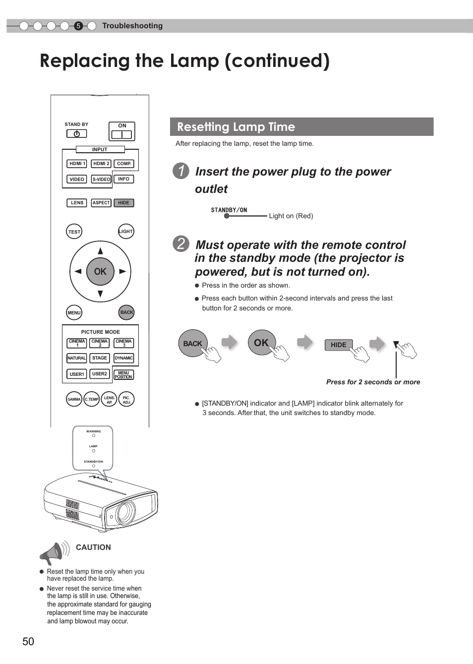 Resetting lamp time, Replacing the lamp (continued), Insert the power plug to the power outlet | Anthem LTX 500v User Manual | Page 50 / 187
