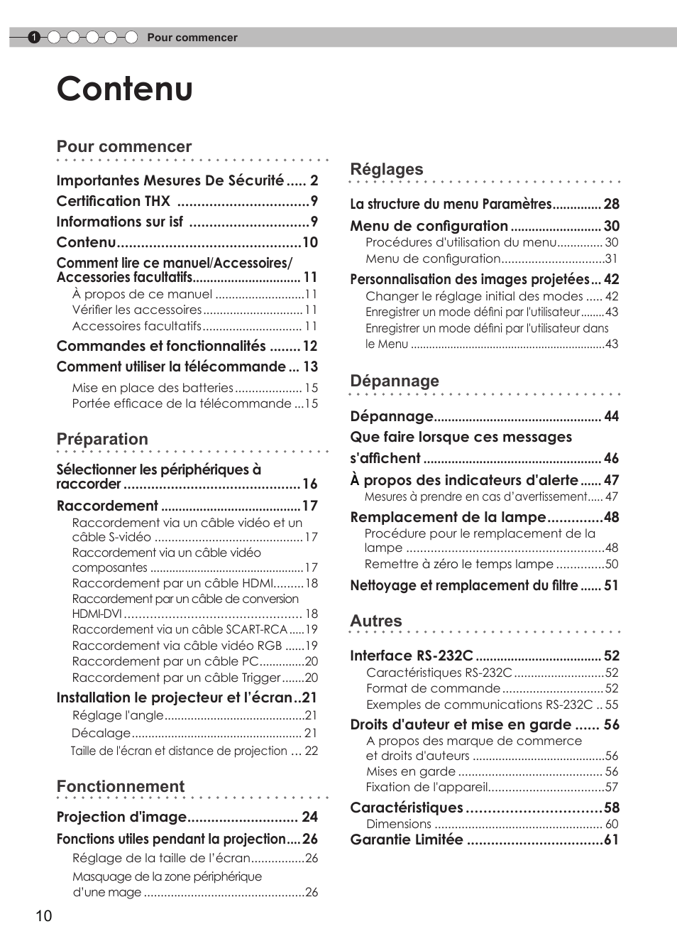 Contenu, Pour commencer, Préparation | Fonctionnement, Réglages, Dépannage, Autres | Anthem LTX 500v User Manual | Page 72 / 187