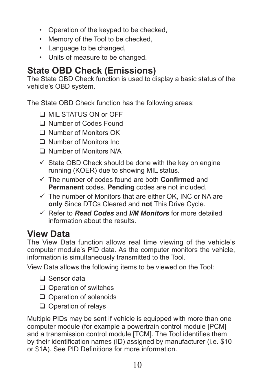 State obd check (emissions), View data | Actron CP9575 User Manual | Page 10 / 20