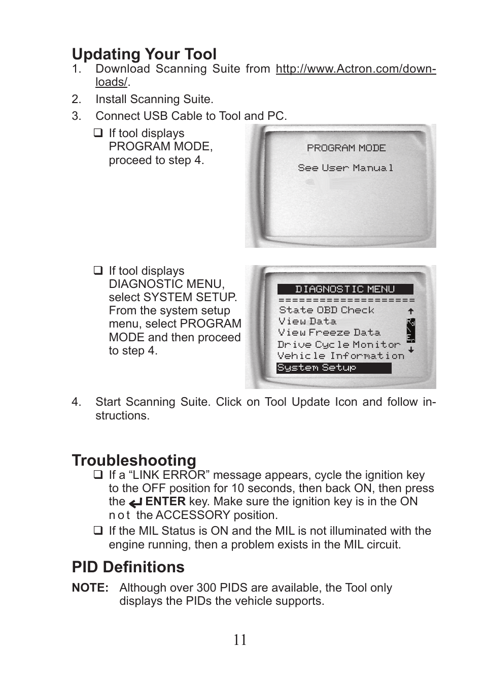 11 updating your tool, Troubleshooting, Pid definitions | Actron CP9575 User Manual | Page 11 / 20