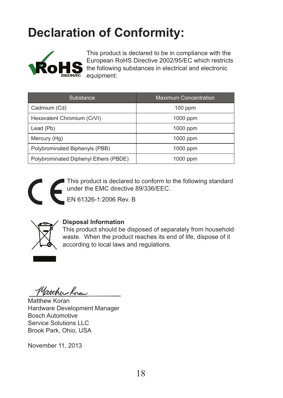 Declaration of conformity | Actron CP9575 User Manual | Page 18 / 20