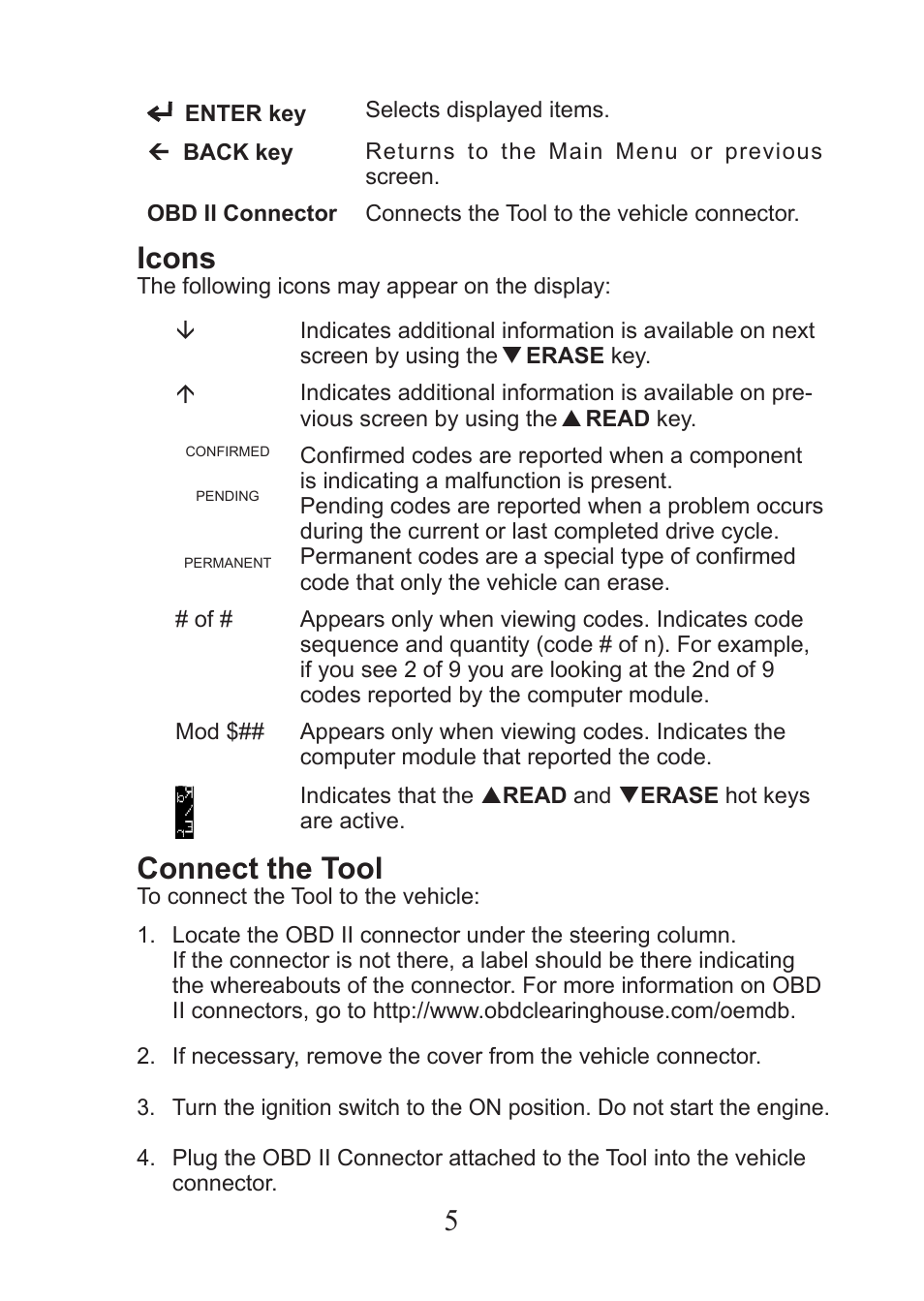 Icons, Connect the tool | Actron CP9575 User Manual | Page 5 / 20