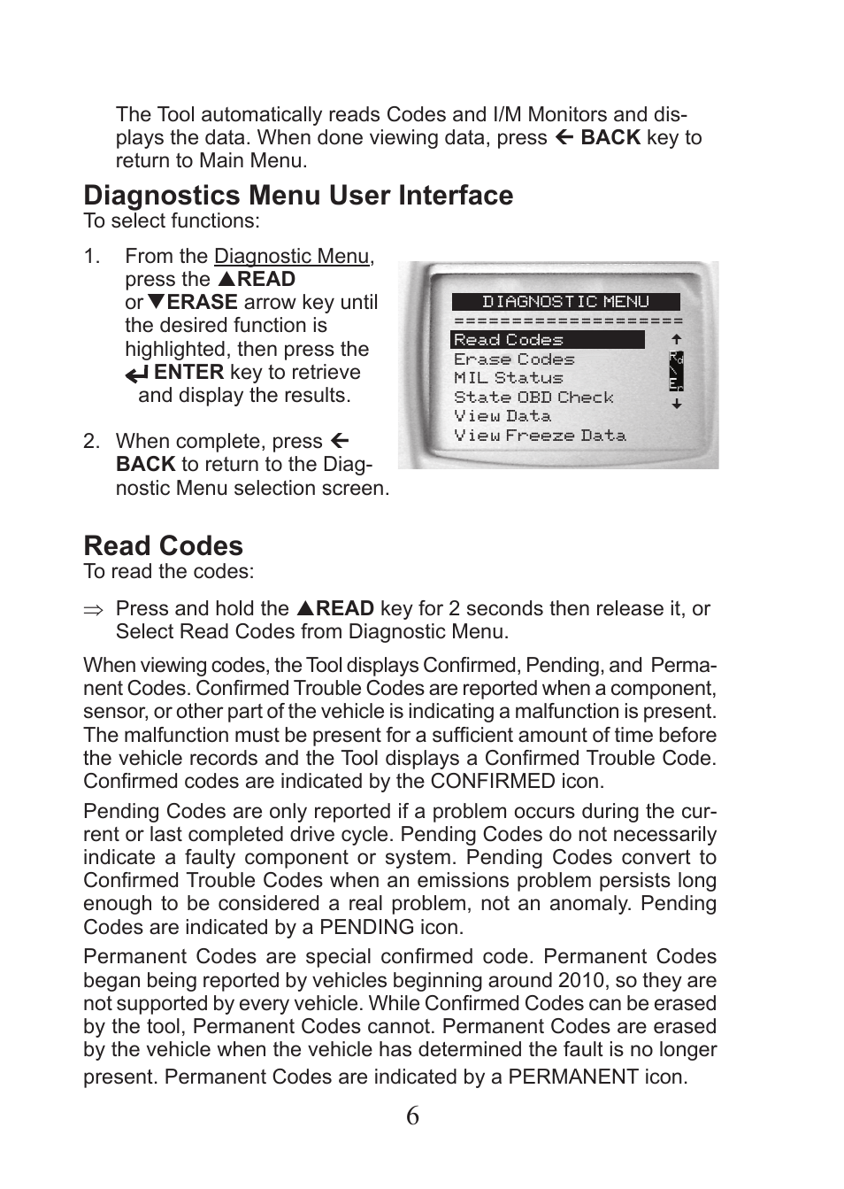 Diagnostics menu user interface, Read codes | Actron CP9575 User Manual | Page 6 / 20
