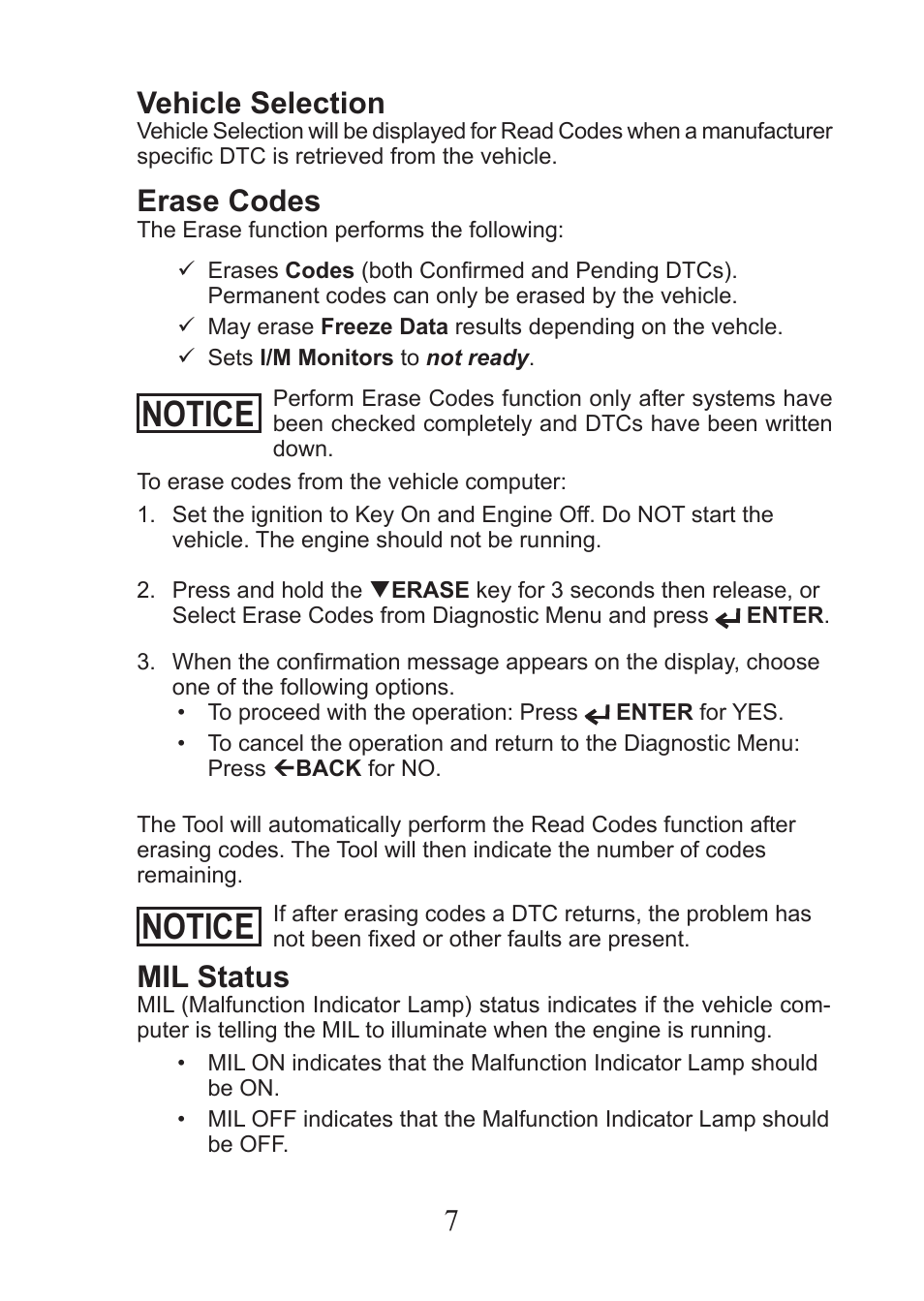 Notice, 7vehicle selection, Erase codes | Mil status | Actron CP9575 User Manual | Page 7 / 20