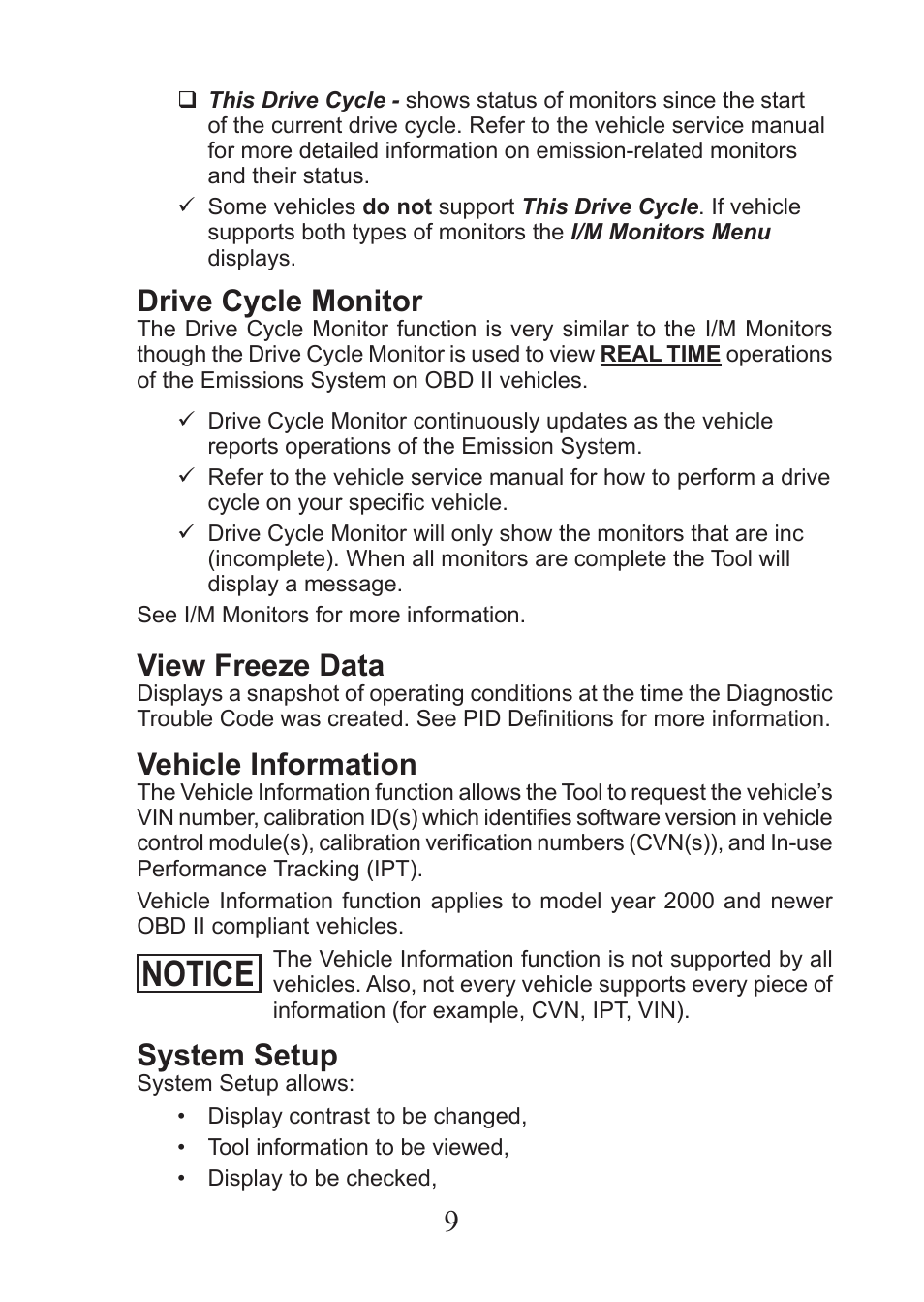 Notice, Drive cycle monitor, View freeze data | Vehicle information, System setup | Actron CP9575 User Manual | Page 9 / 20