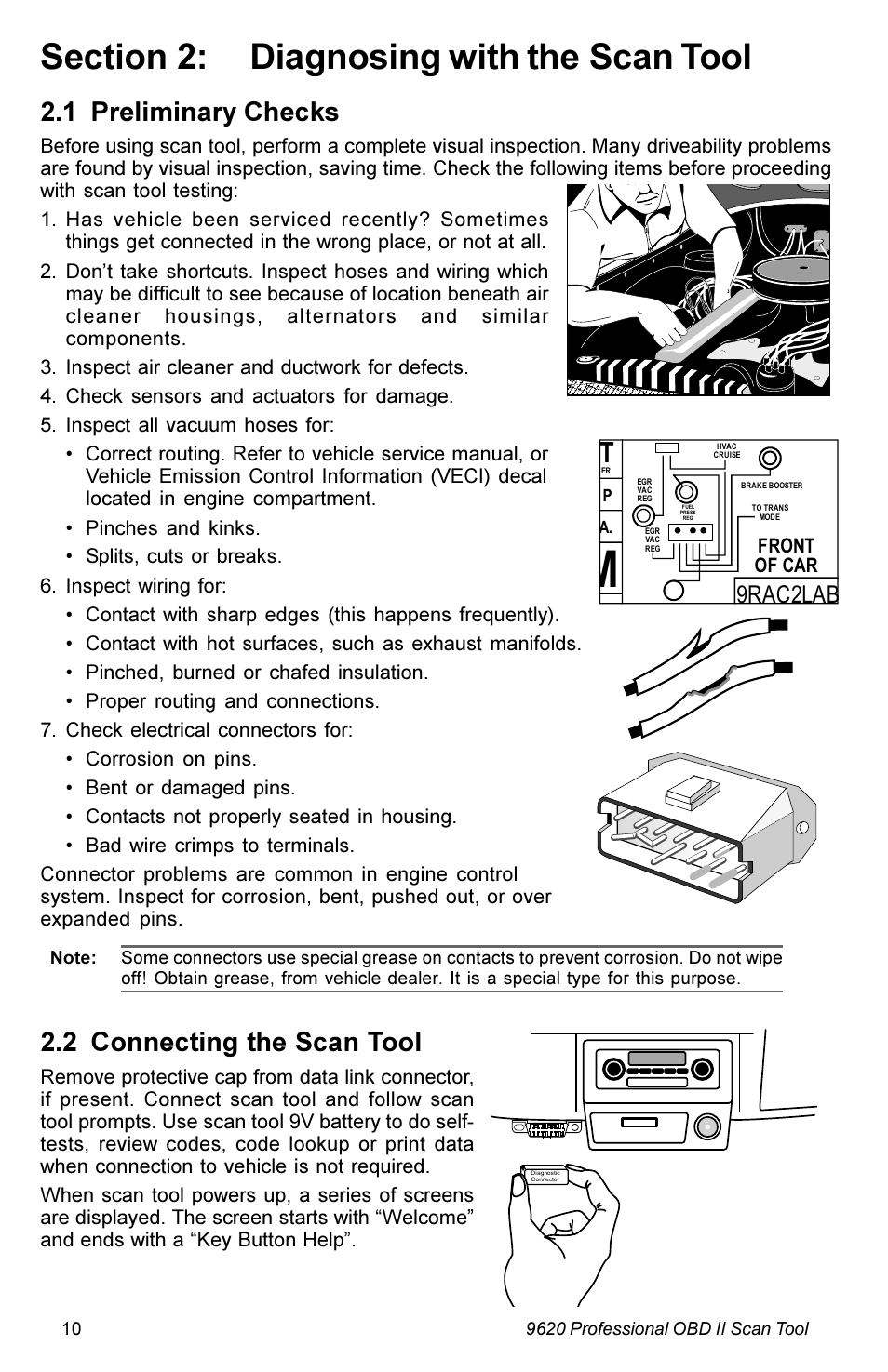 1 preliminary checks, 2 connecting the scan tool, 9rac2lab | Actron KAL9620A User Manual | Page 10 / 36