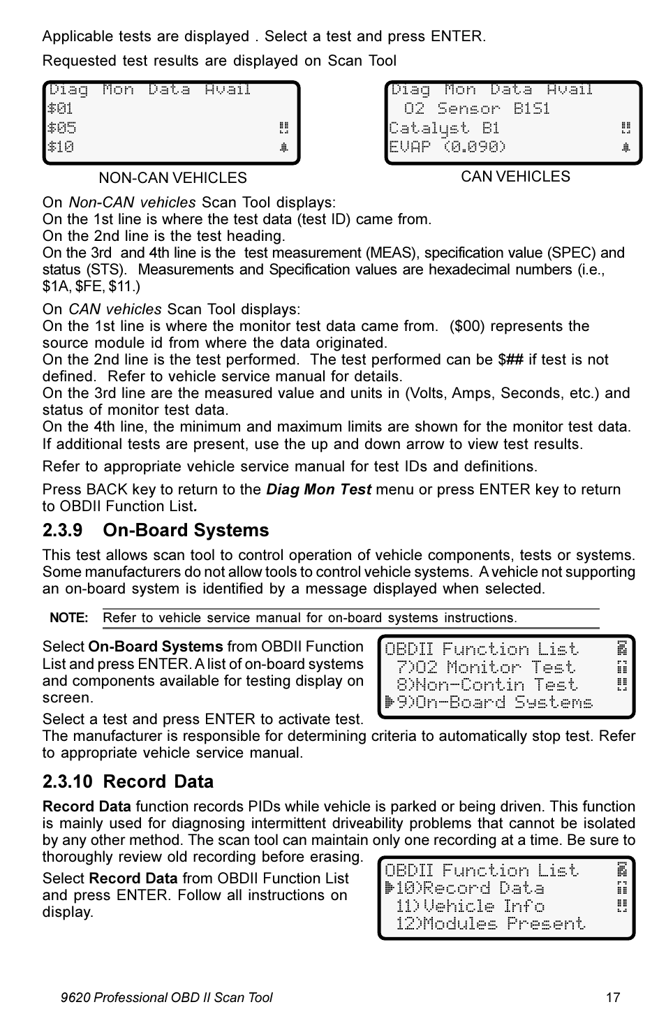 9 on-board systems, 10 record data | Actron KAL9620A User Manual | Page 17 / 36