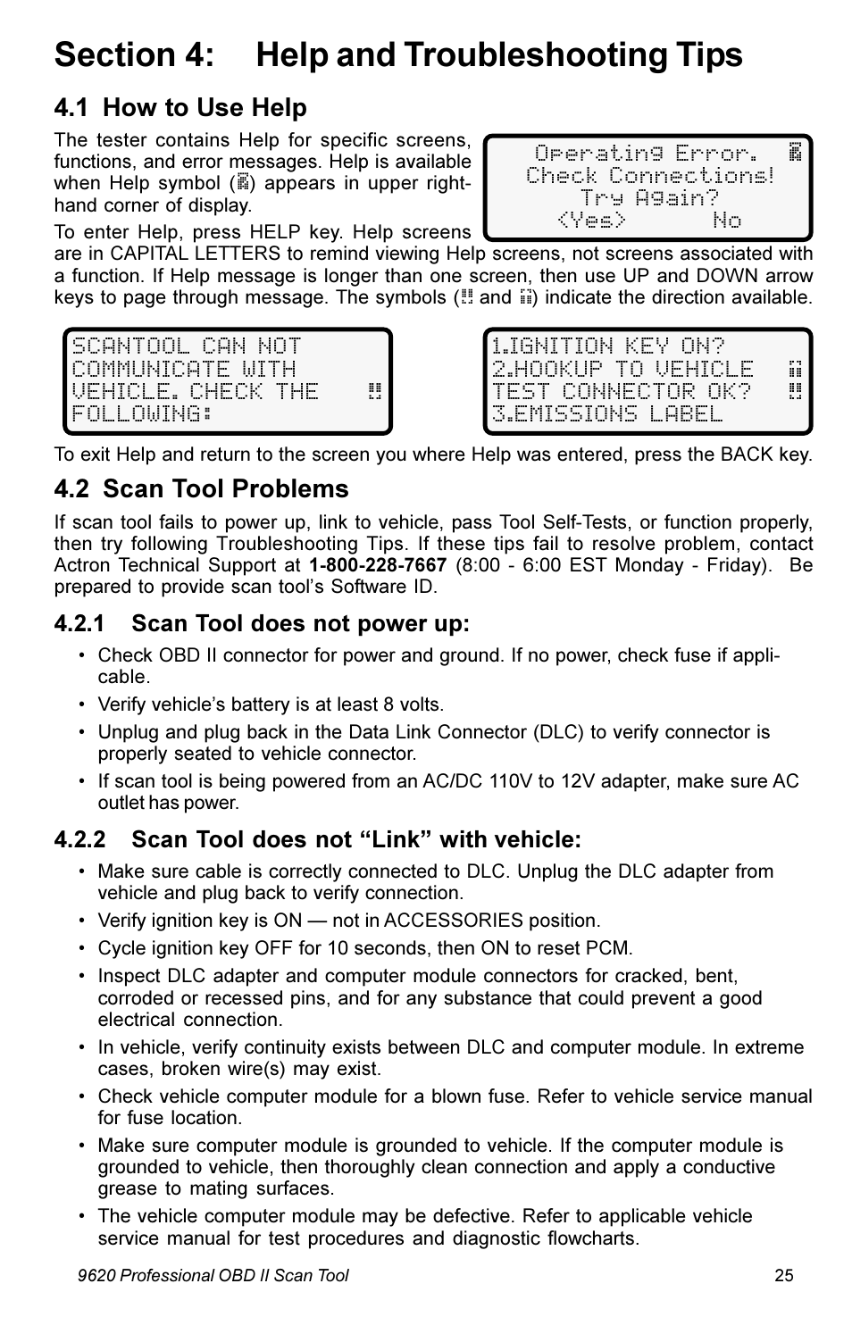 1 how to use help, 2 scan tool problems, 1 scan tool does not power up | 2 scan tool does not link with vehicle | Actron KAL9620A User Manual | Page 25 / 36