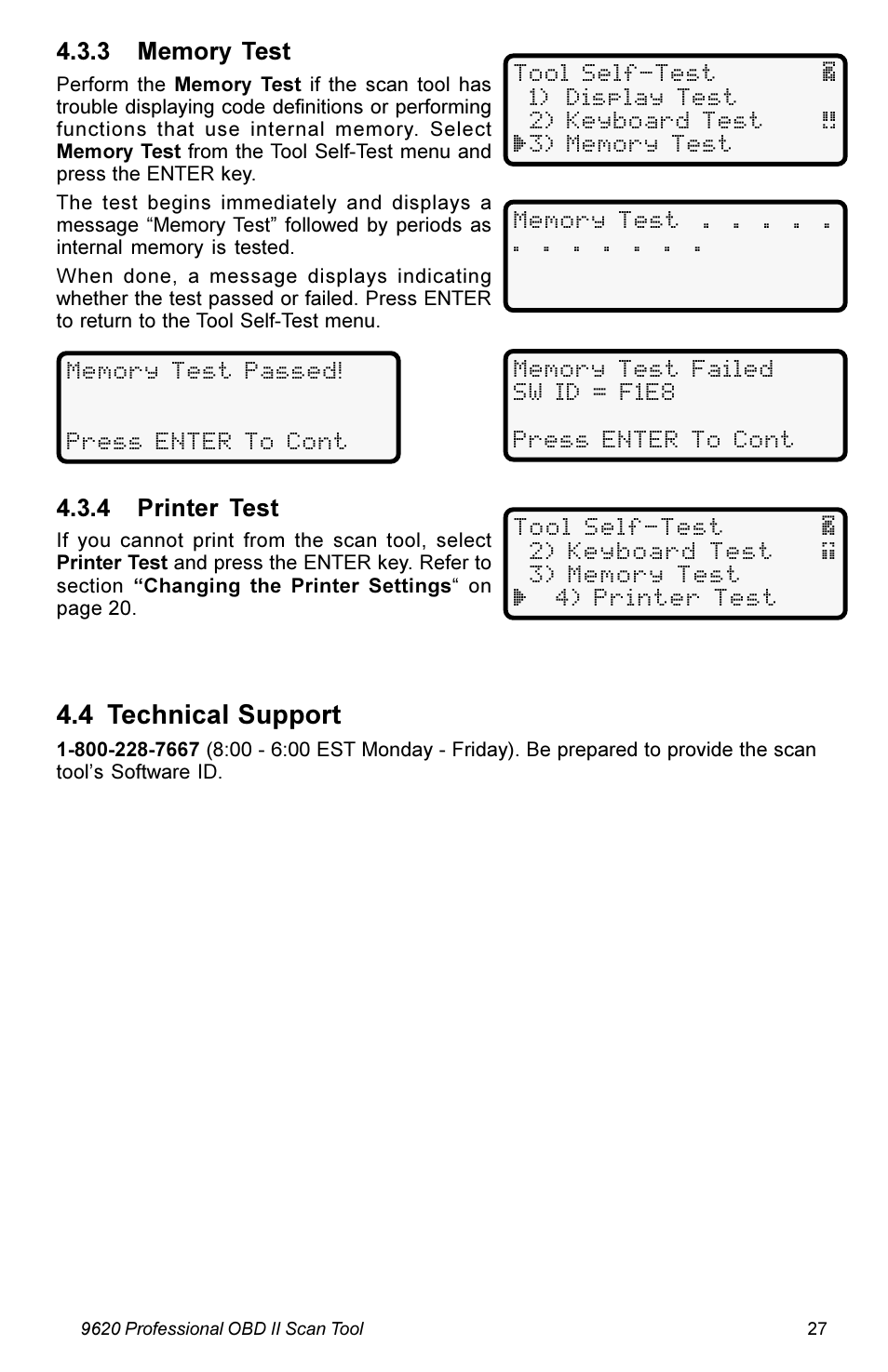 4 technical support, 4 printer test | Actron KAL9620A User Manual | Page 27 / 36