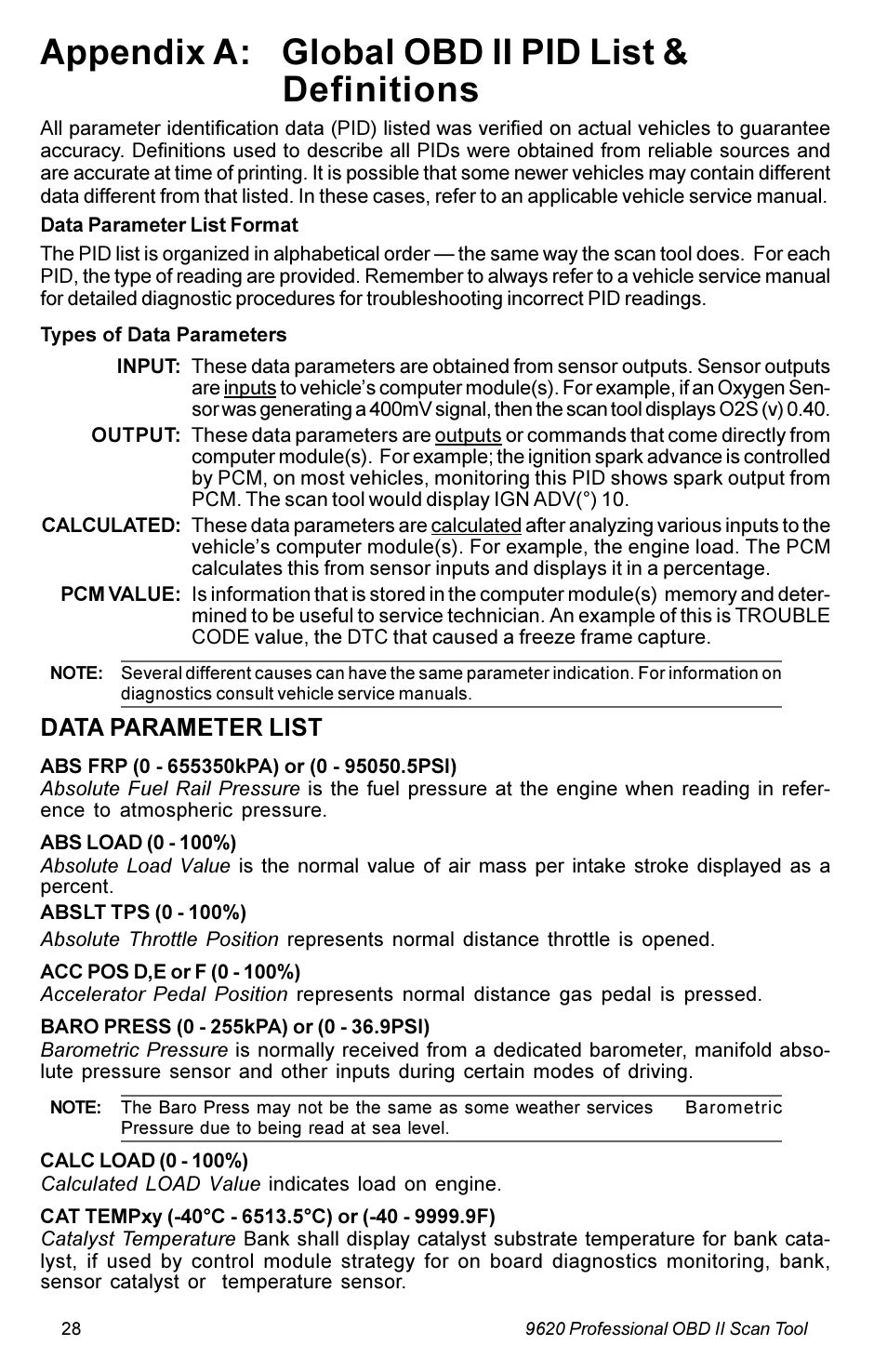 Appendix a: global obd ii pid list & definitions, Data parameter list | Actron KAL9620A User Manual | Page 28 / 36