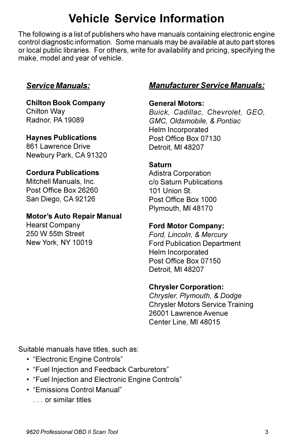 Vehicle service information | Actron KAL9620A User Manual | Page 3 / 36