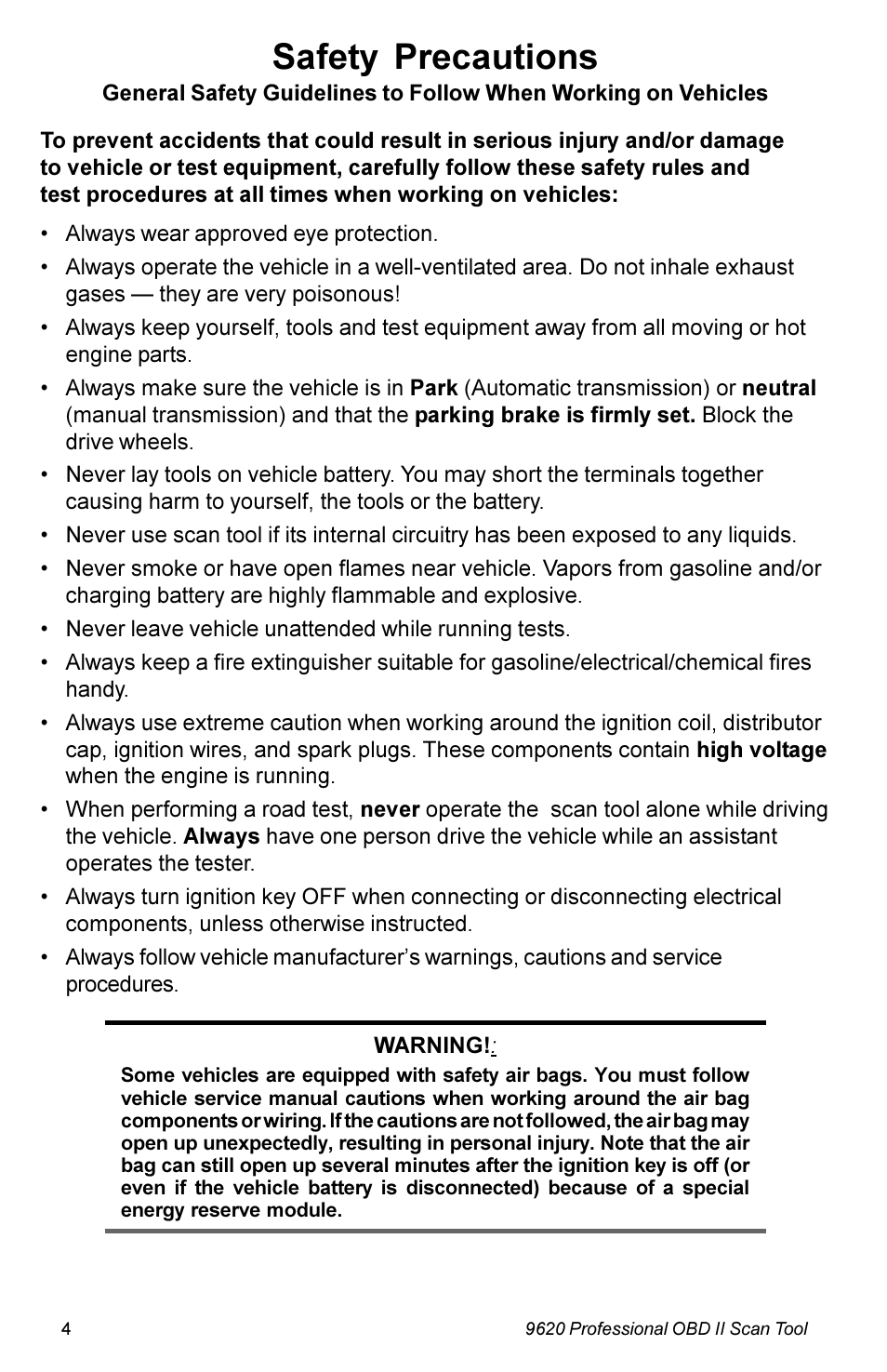 Safety precautions | Actron KAL9620A User Manual | Page 4 / 36