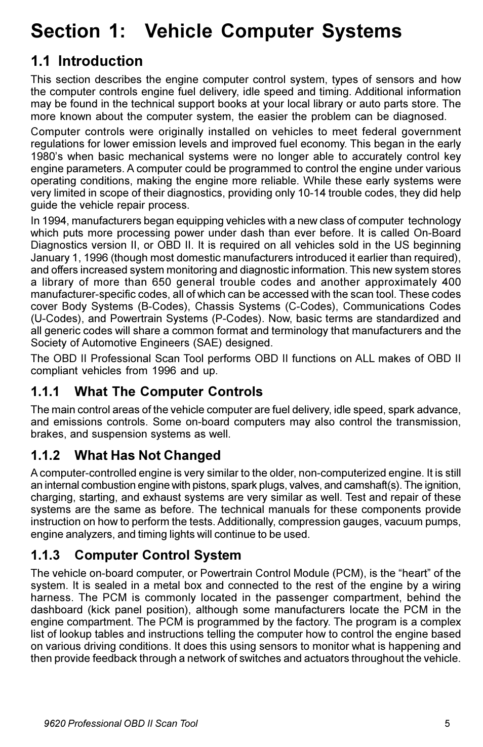 1 introduction, 1 what the computer controls, 2 what has not changed | 3 computer control system | Actron KAL9620A User Manual | Page 5 / 36